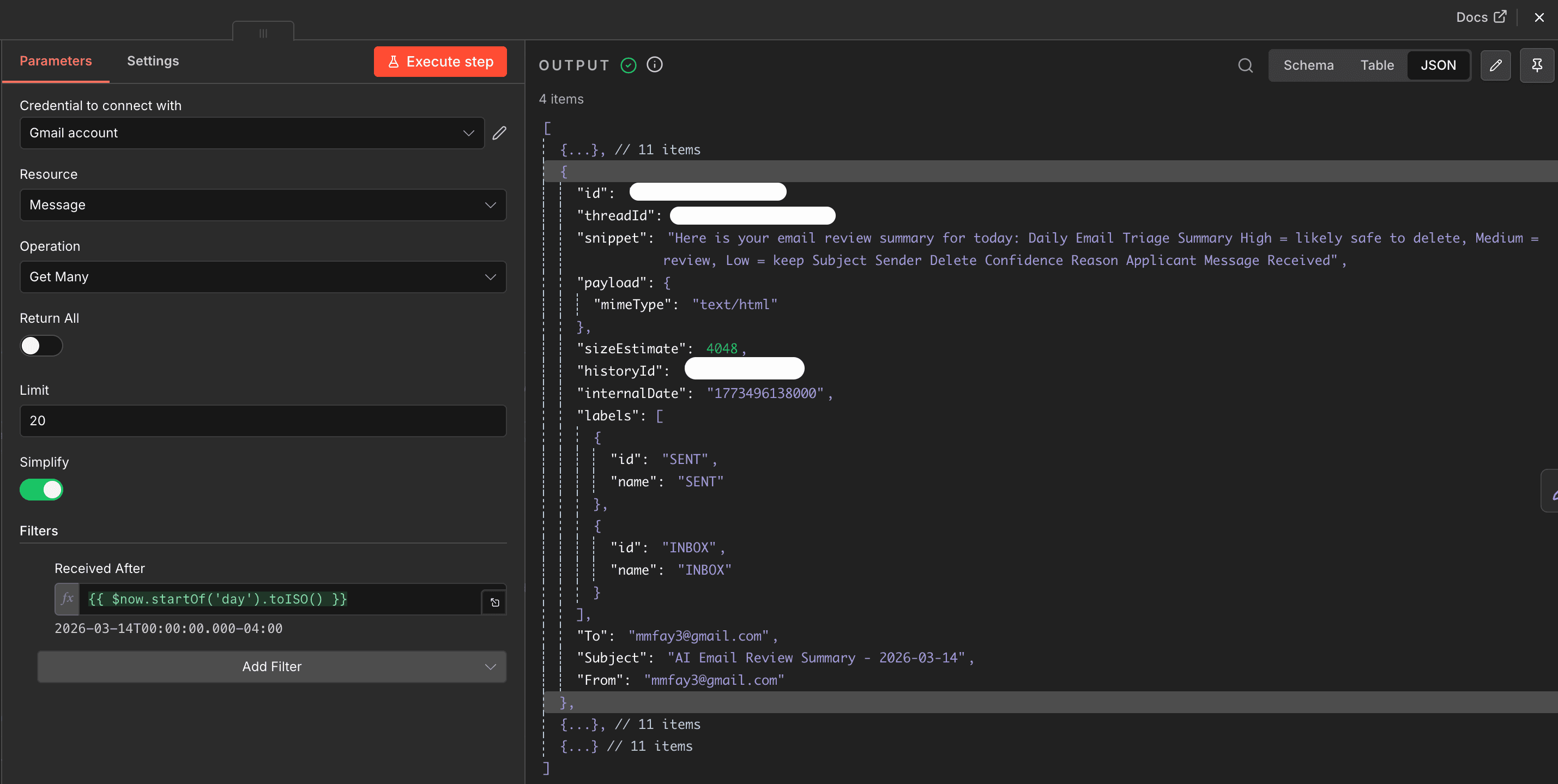 Gmail node setup for retrieving emails