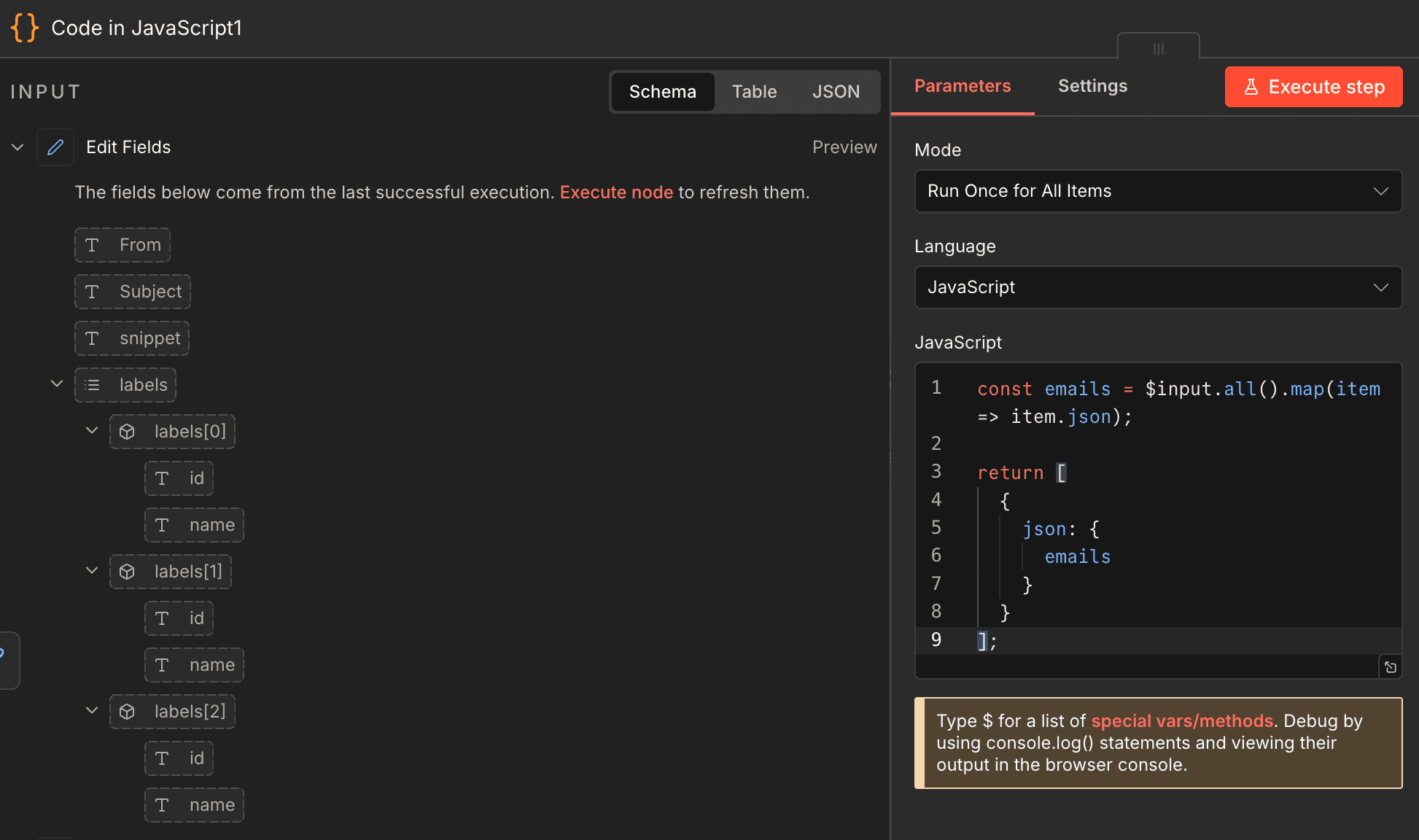 Code node used to format email data