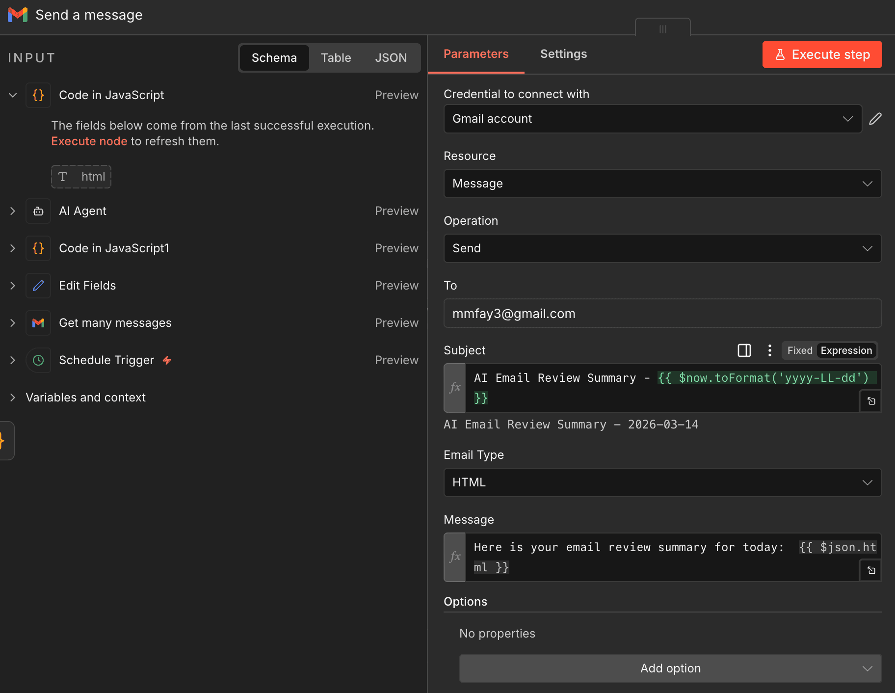 Gmail send node used to send the recap email